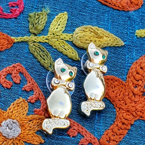 Vintage Cat Earrings Dangle Rhinestones Post - Picture 2 of 6